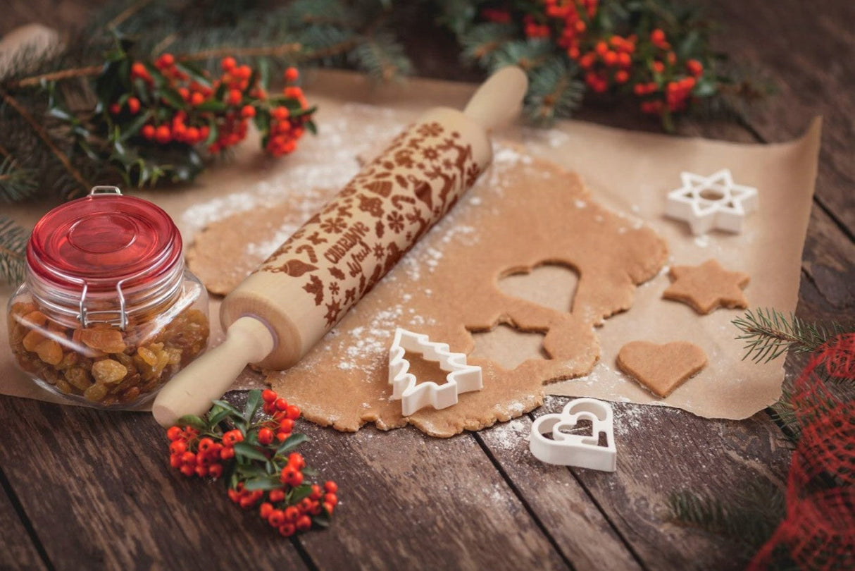 Nudelholz aus Holz mit Weihnachtsmuster für Plätzchen und Lebkuchen 43cm