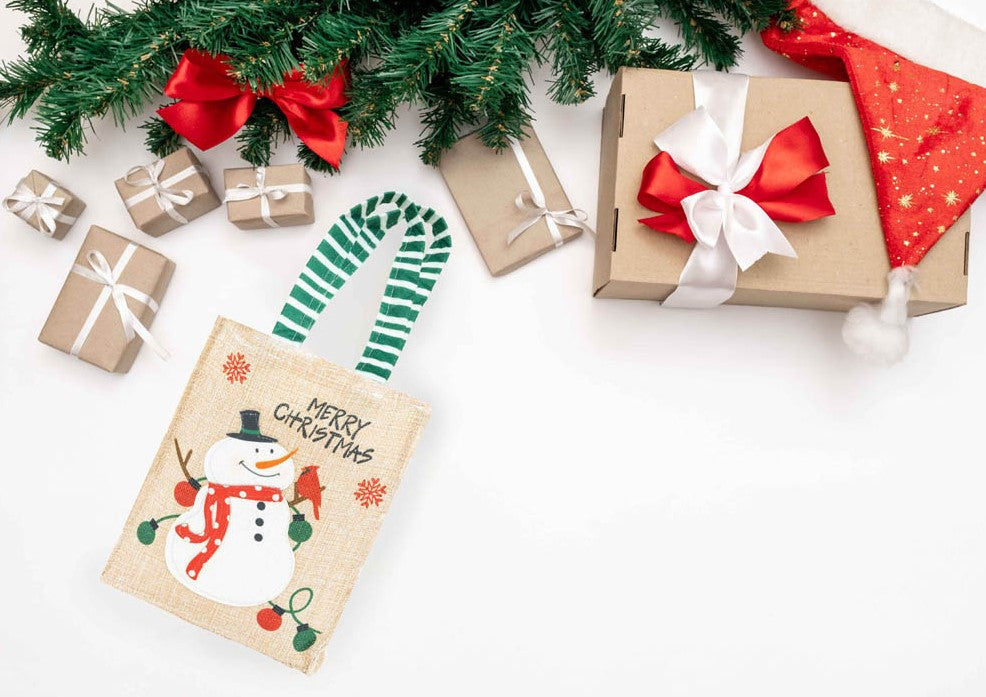 Jutebeutel 150x40x190mm Beige mit Schneemann FROHE WEIHNACHTEN