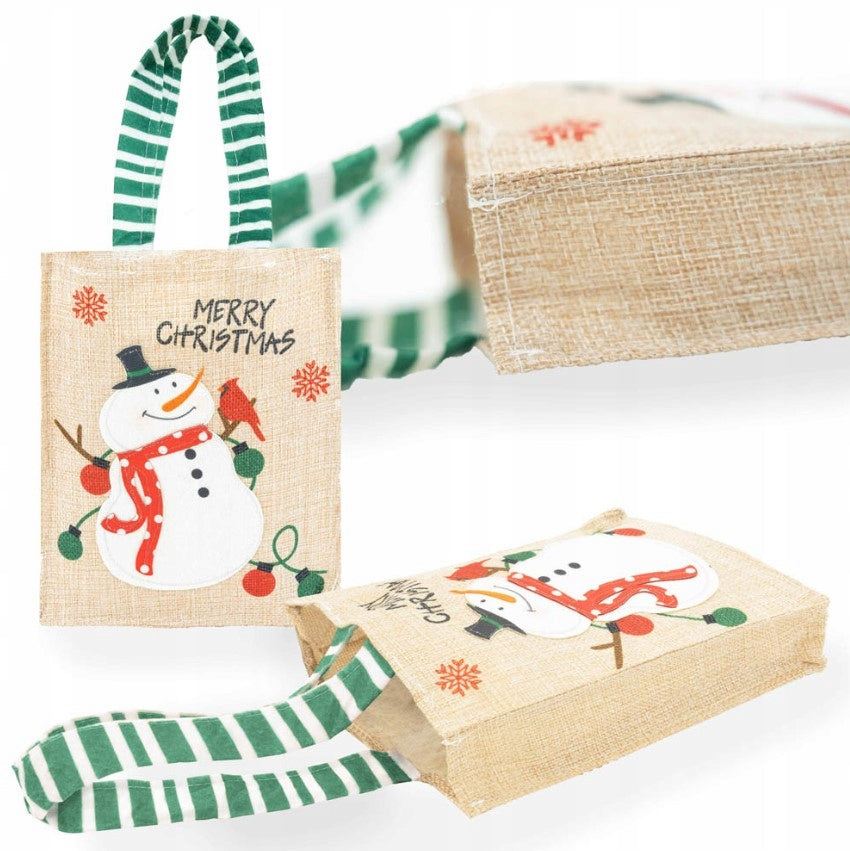 Jutebeutel 150x40x190mm Beige mit Schneemann FROHE WEIHNACHTEN
