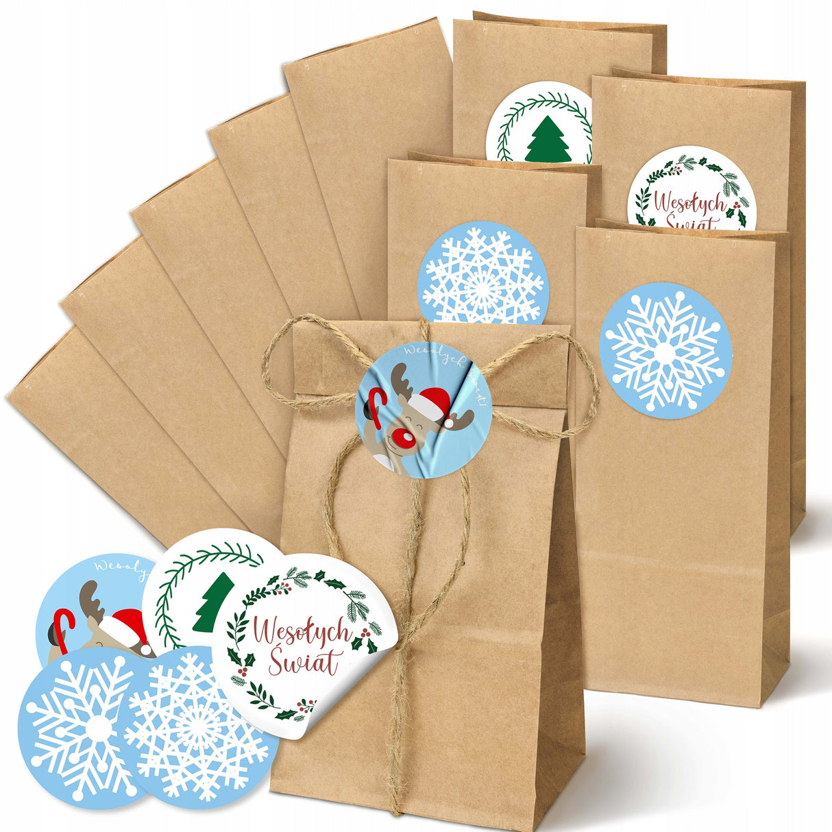 Set aus Blockpapiertüten 120x70x260mm + Aufkleber 10Stk.