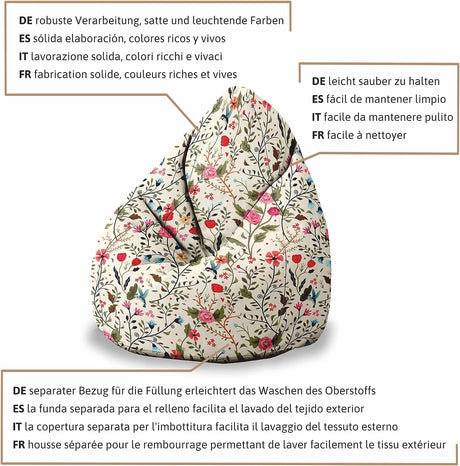 Bean Bag Sitzsack, 80 x 80 x 120 cm, Sitzkissen, mit Tragegriff Boden, Sitzsack Bubibag mit Füllung Beigefarbene Blumen