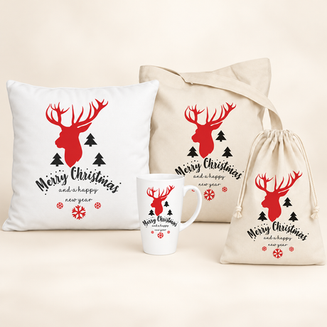 Weihnachtsset Rentier – Beutel, Kissen, Tasche und Becher