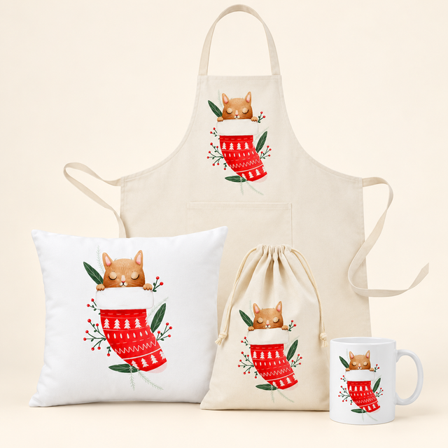 Weihnachtsset Katze – Beutel, Kissen, Schürze und Becher