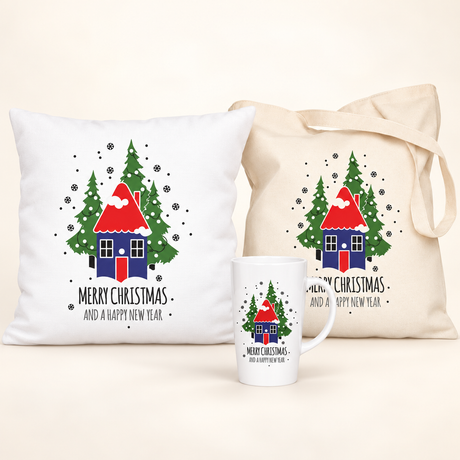Weihnachtsset Häuschen – Tasche, Becher und Kissen