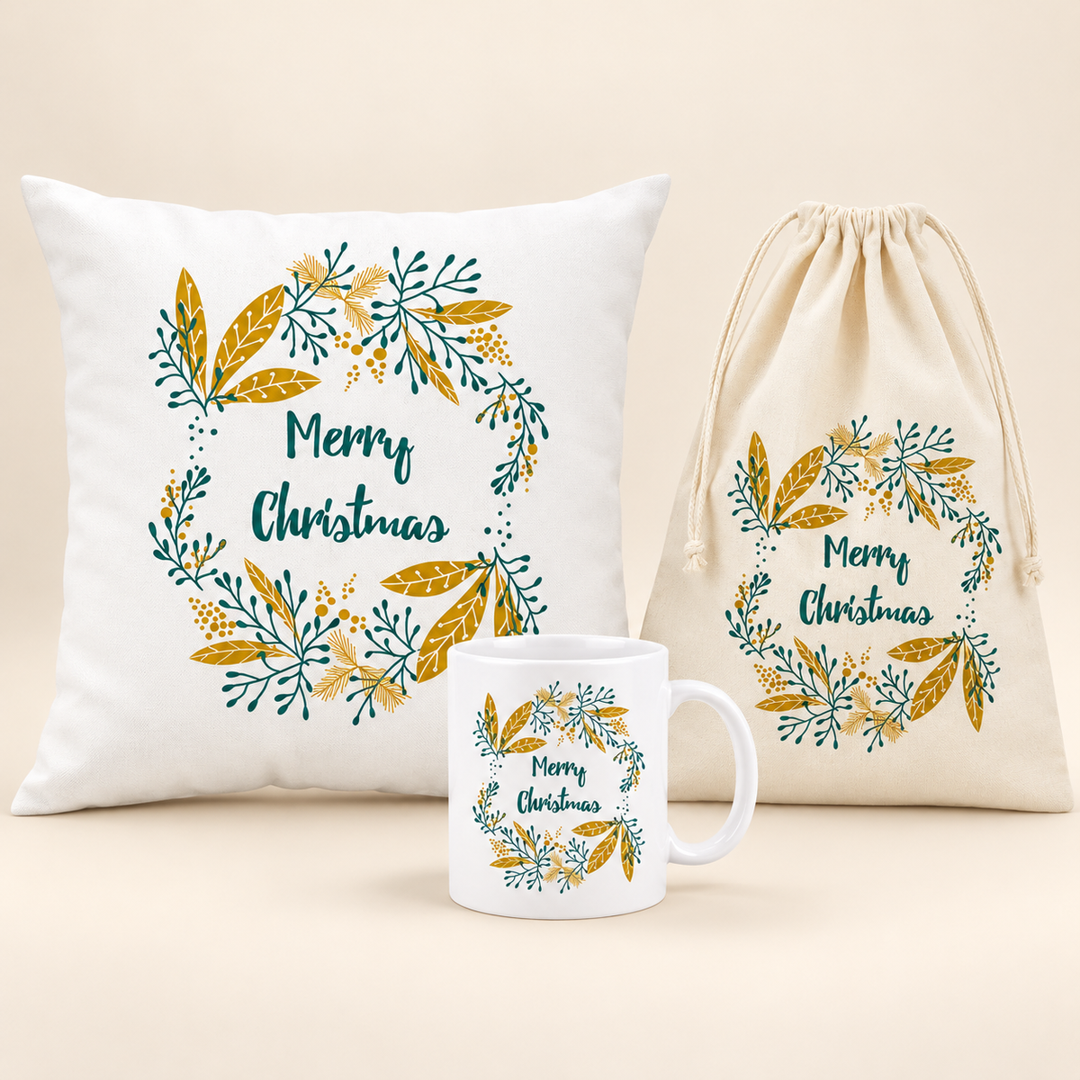 Weihnachtsset Blätter – Beutel, Becher und Kissen