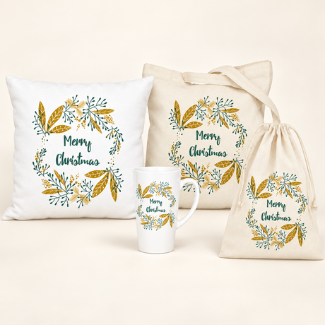 Weihnachtsset Blätter – Beutel, Kissen, Tasche und Becher