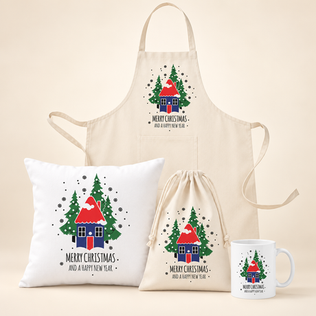 Weihnachtsset Häuschen – Beutel, Kissen, Schürze und Becher