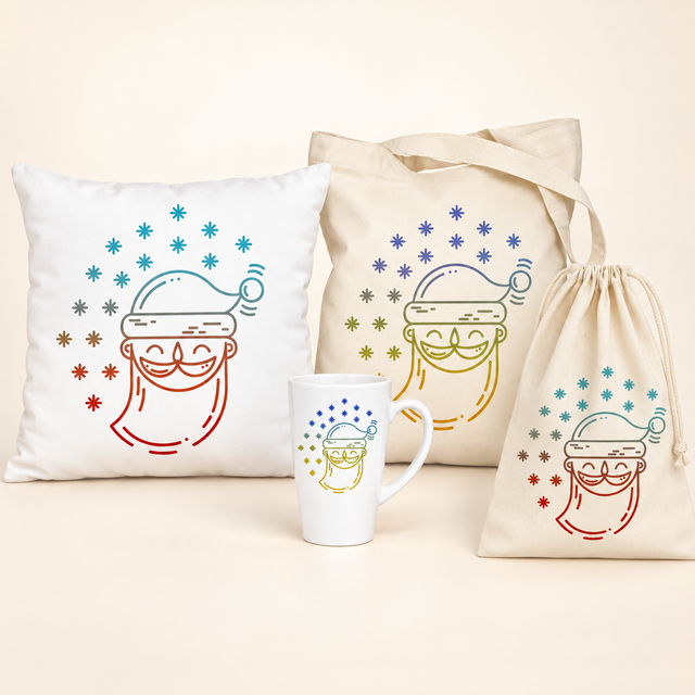 Weihnachtsset Weihnachtsmann – Beutel, Kissen, Tasche und Becher