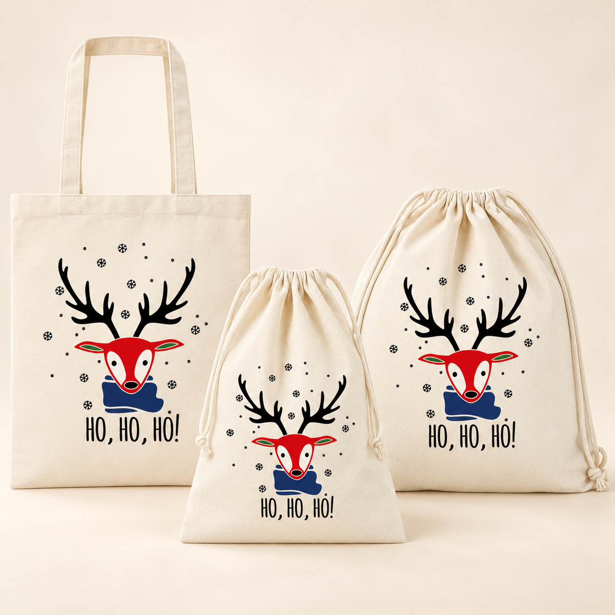 Weihnachtsset Rentier Ho Ho Ho – Beutel, Turnbeutel und Tasche