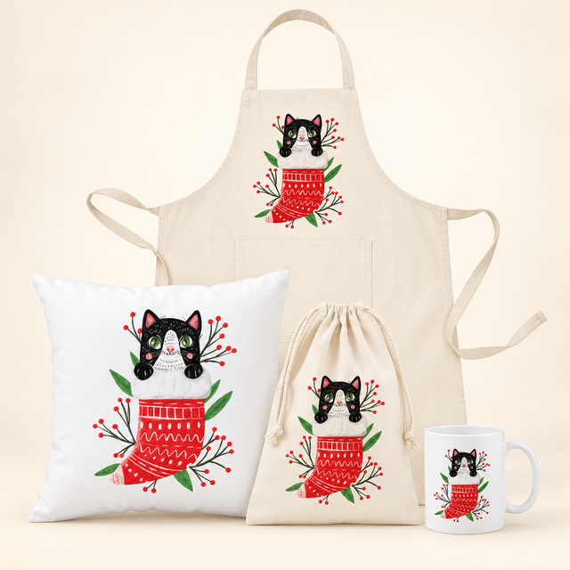 Weihnachtsset Schwarzes Kätzchen – Beutel, Kissen, Schürze und Becher