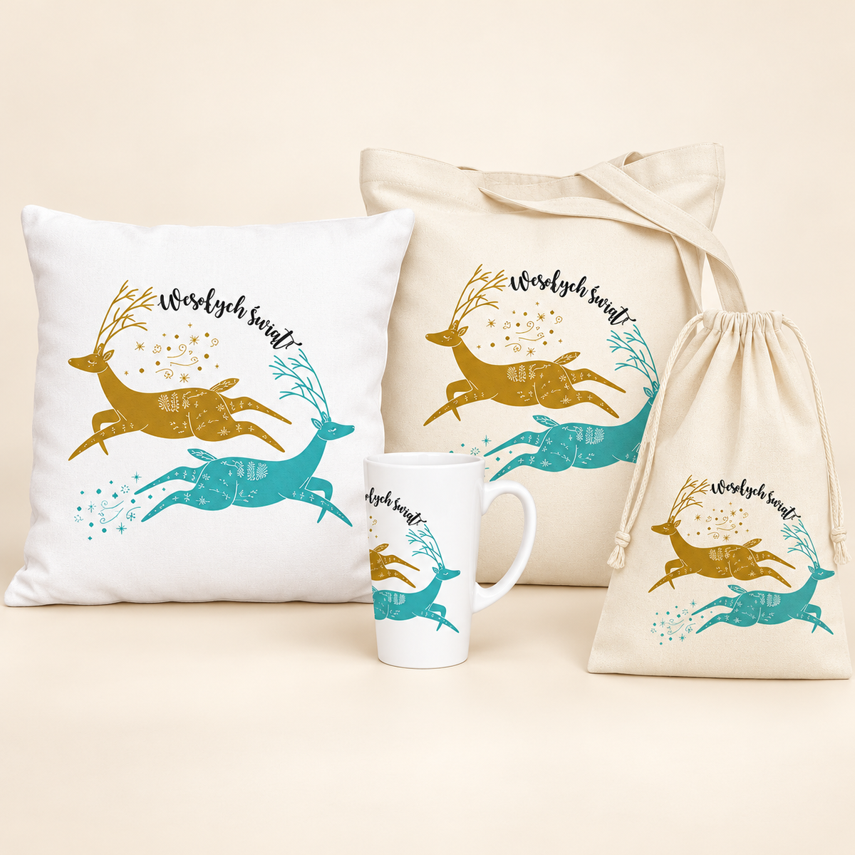 Weihnachtsset BEUTEL, KISSEN, TASCHE & BECHER Frohe Weihnachten