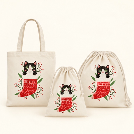 Weihnachtsset Katze – Beutel, Turnbeutel und Tasche