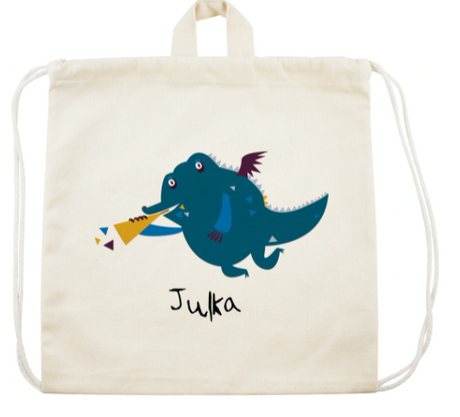 Kinder-Rucksackbeutel DRACHE MARINEBLAU + NAME - ecru