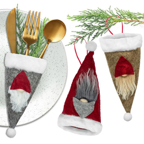 Besteck-Flaschenhülle mit Weihnachtsmützen 3-tlg.