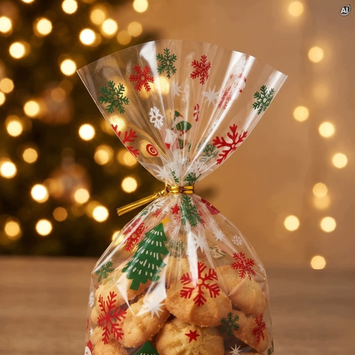 Zellophanbeutel 12,5 x 27,5 cm mit Weihnachtsmotiven, 14 Stück
