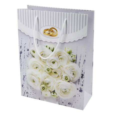 Papiertüten mit Schnurgriff weiße Rosen und Eheringe 240x100x320mm