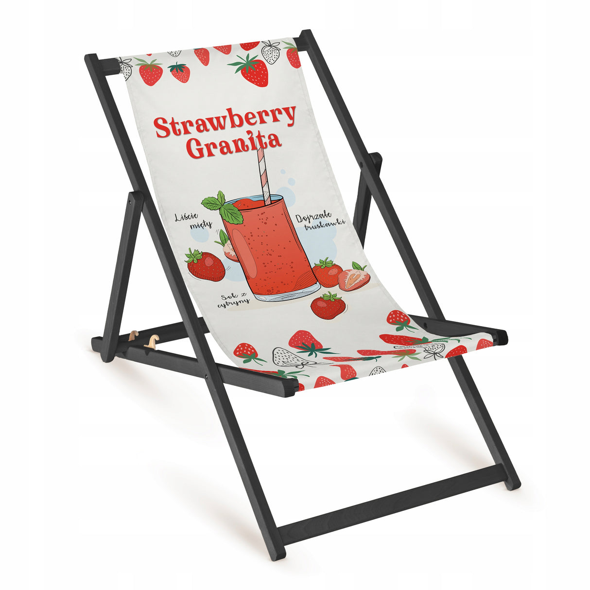 Holz-Liegestuhl Erdbeere Fullprint mit schwarzem Gestell