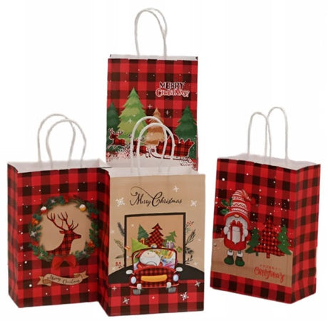 Papiertüte mit gedrehtem Henkel 330x120x260mm rot kariertes Weihnachtsmuster 4St.