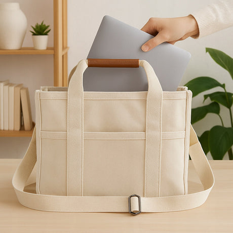 Elegancka torebka damska beżowa na laptopa ramię pojemna