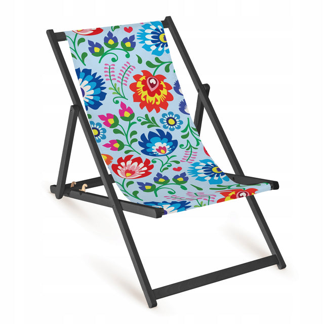 Holz-Liegestuhl Hellblau Folk Design Fullprint mit schwarzem Gestell