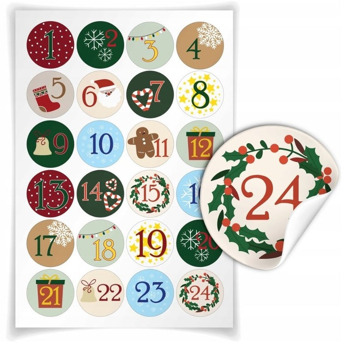 ADVENTSKALENDER 24 tlg. PAPIER GESCHENKTÜTEN + AUFKLEBER Set