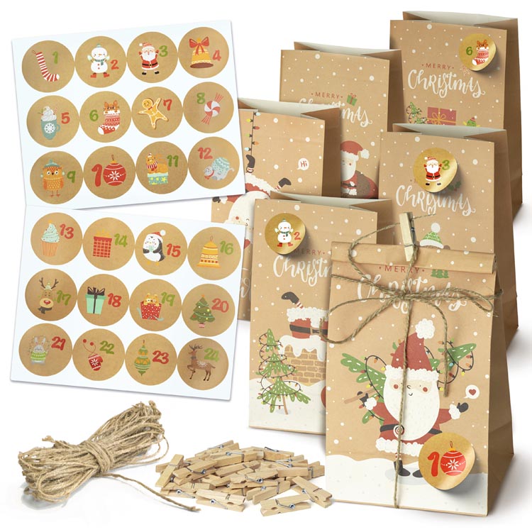 Kit Calendrier De L'Avent 24 Sacs En Tissu Réutilisable - Avec Autocollants, Pinces, Corde, Noël