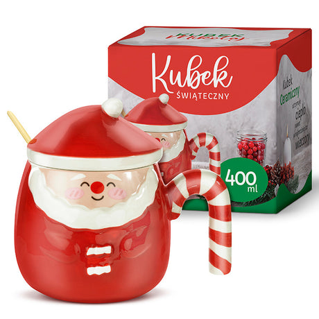 Rote Weihnachtsmann-Tasse mit Deckel, Keramik