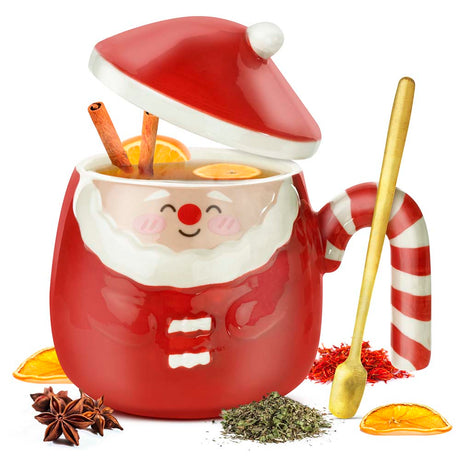 Rote Weihnachtsmann-Tasse mit Deckel, Keramik