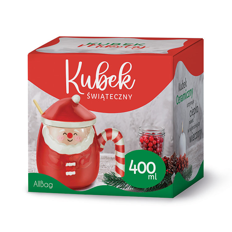 Rote Weihnachtsmann-Tasse mit Deckel, Keramik