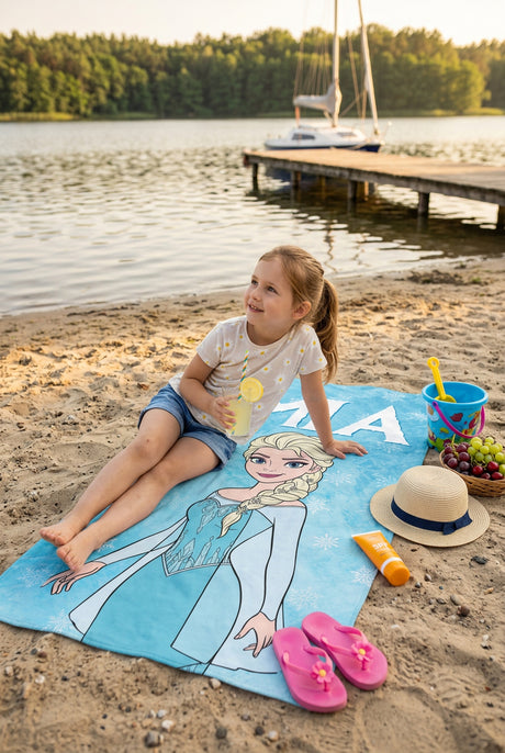 Mikrofaser Strandhandtuch 150x80 cm für Kinder – Die Eiskönigin (Frozen) Motiv mit Wunschname