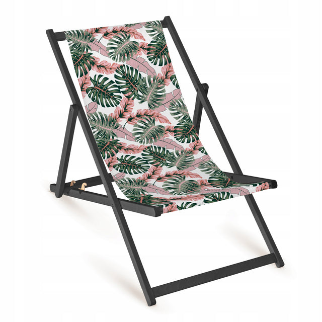 Holz-Liegestuhl Pink Monstera Fullprint mit schwarzem Gestell