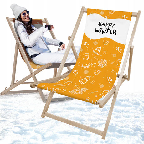 Liegestuhl aus Holz Gold mit HAPPY WINTER-Aufdruck