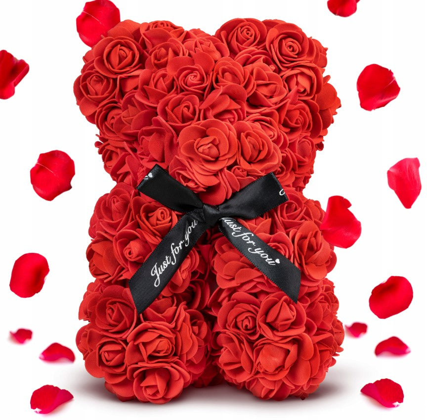 Roter Teddybär aus künstlichen Rosen - romantische Dekoration und Geschenk