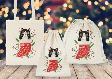 Weihnachtsset Baumwollsäcke + Baumwolltasche + Baumwollrucksäcke Katze