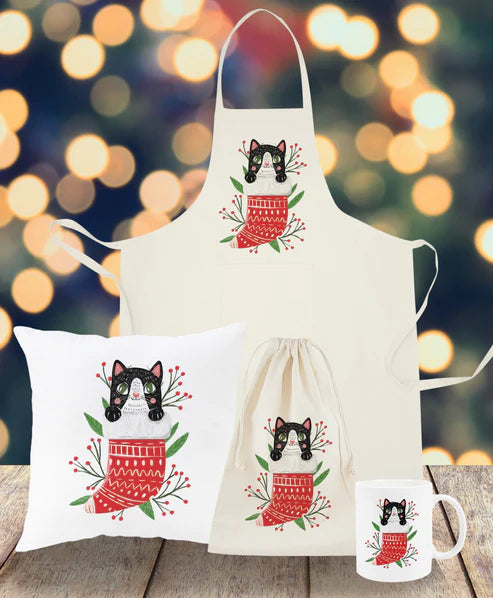 Weihnachtsset Baumwollsäcke + Becher + Kissen + Schürze Kätzchen