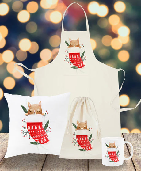 Weihnachtsset Baumwollsäcke + Becher + Kissen + Schürze Katze