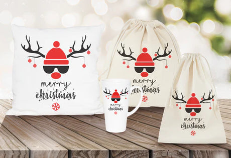Weihnachtsset Baumwolltasche + Baumwollsäcke + Kissen + Becher Rentier