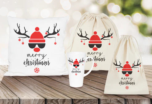 Weihnachtsset Baumwolltasche + Baumwollsäcke + Kissen + Becher Rentier
