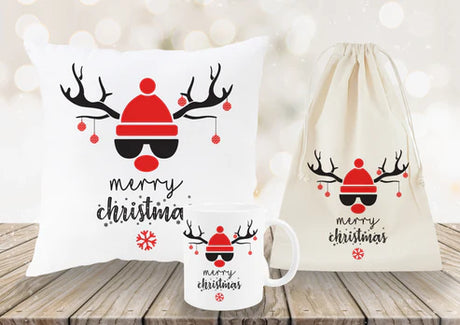 Weihnachtsset Baumwollsäcke + Becher + Kissen Rentier