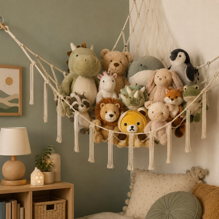Hängendes Spielzeugnetz Eck-Organizer beige