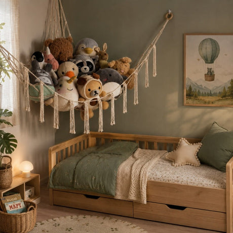 Hängendes Spielzeugnetz Eck-Organizer beige