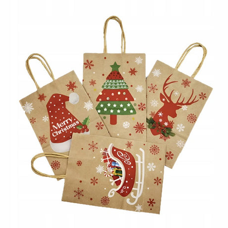 Papiertüte mit gedrehtem Henkel 210x80x150mm braun Weihnachtsmuster 4St.