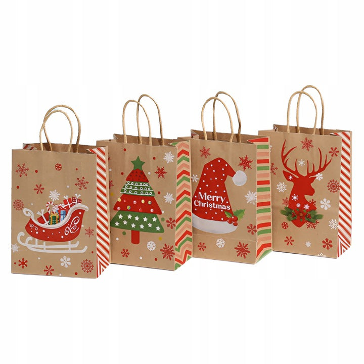 Papiertüte mit gedrehtem Henkel 210x80x150mm braun Weihnachtsmuster 4St.