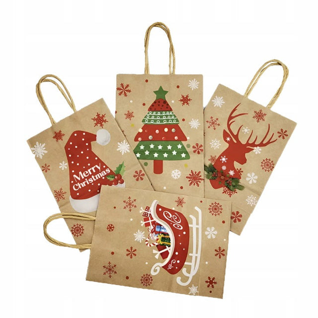 Papiertüte mit gedrehtem Henkel 330x120x260 braun Weihnachtsmuster 4 St.