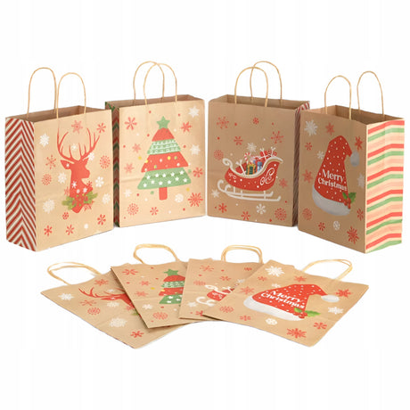 Papiertüte mit gedrehtem Henkel 330x120x260 braun Weihnachtsmuster 4 St.