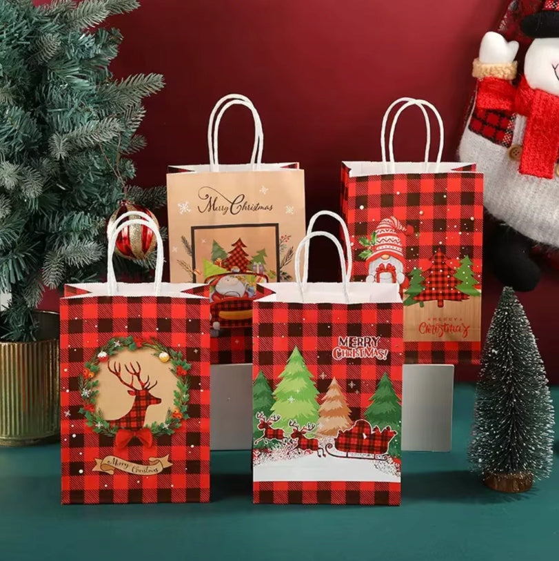 Papiertüte mit gedrehtem Henkel 210x80x150mm rot kariertes Weihnachtsmuster 4St.