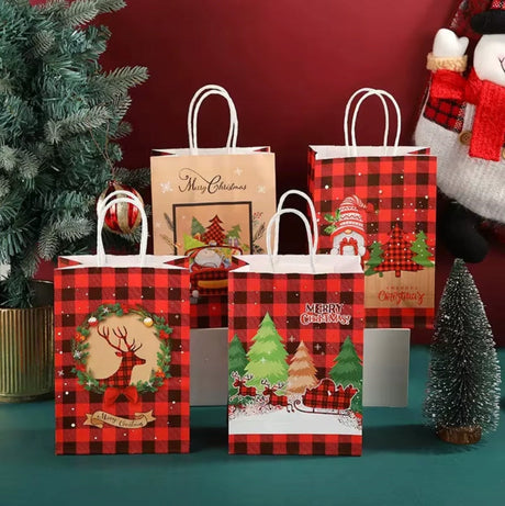Papiertüte mit gedrehtem Henkel 210x80x150mm rot kariertes Weihnachtsmuster 4St.