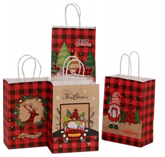 Papiertüte mit gedrehtem Henkel 210x80x150mm rot kariertes Weihnachtsmuster 4St.