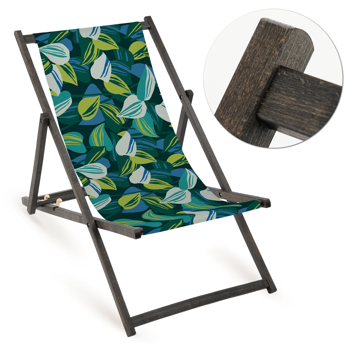 Holz-Liegestuhl Retro-Blätter Fullprint mit schwarzem Gestell