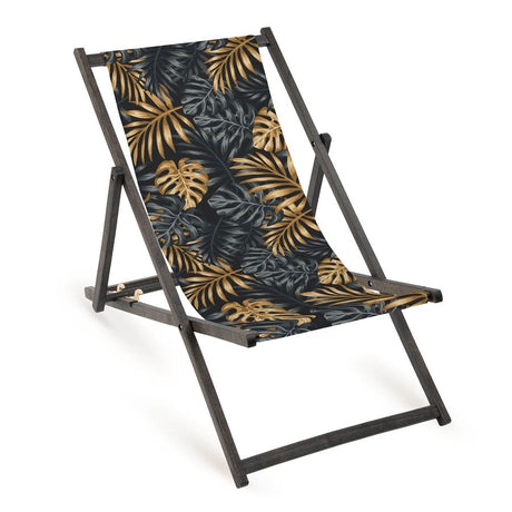 Holz-Liegestuhl Monstera Fullprint mit schwarzem Gestell